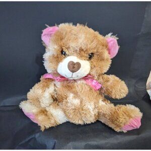HomerBest Fluffy‎ Brown + Pink Teddy Bear Stuffed Animal Heart Ribbon 12"